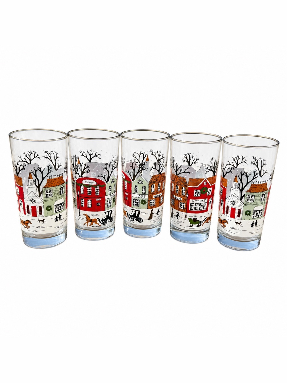 Vintage Libbey Winter Village Christmas Highball Glasses Set of 5 Gold Rim Retro